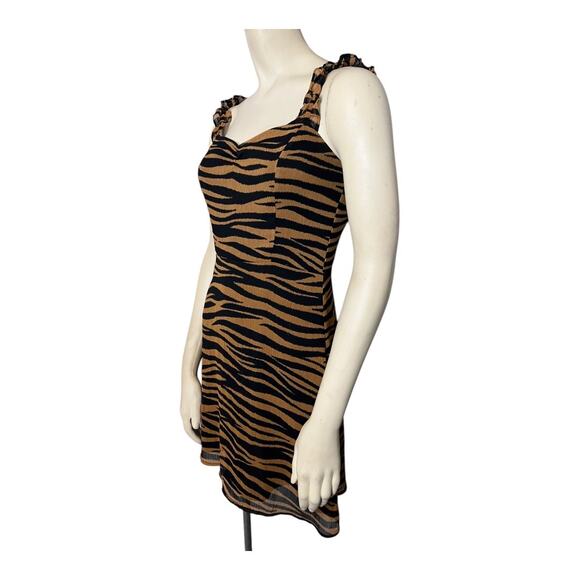 All in Favor Ruffle Straps Tiger Print Mini Dress Brown/Black Women's XS Party - Picture 6 of 9